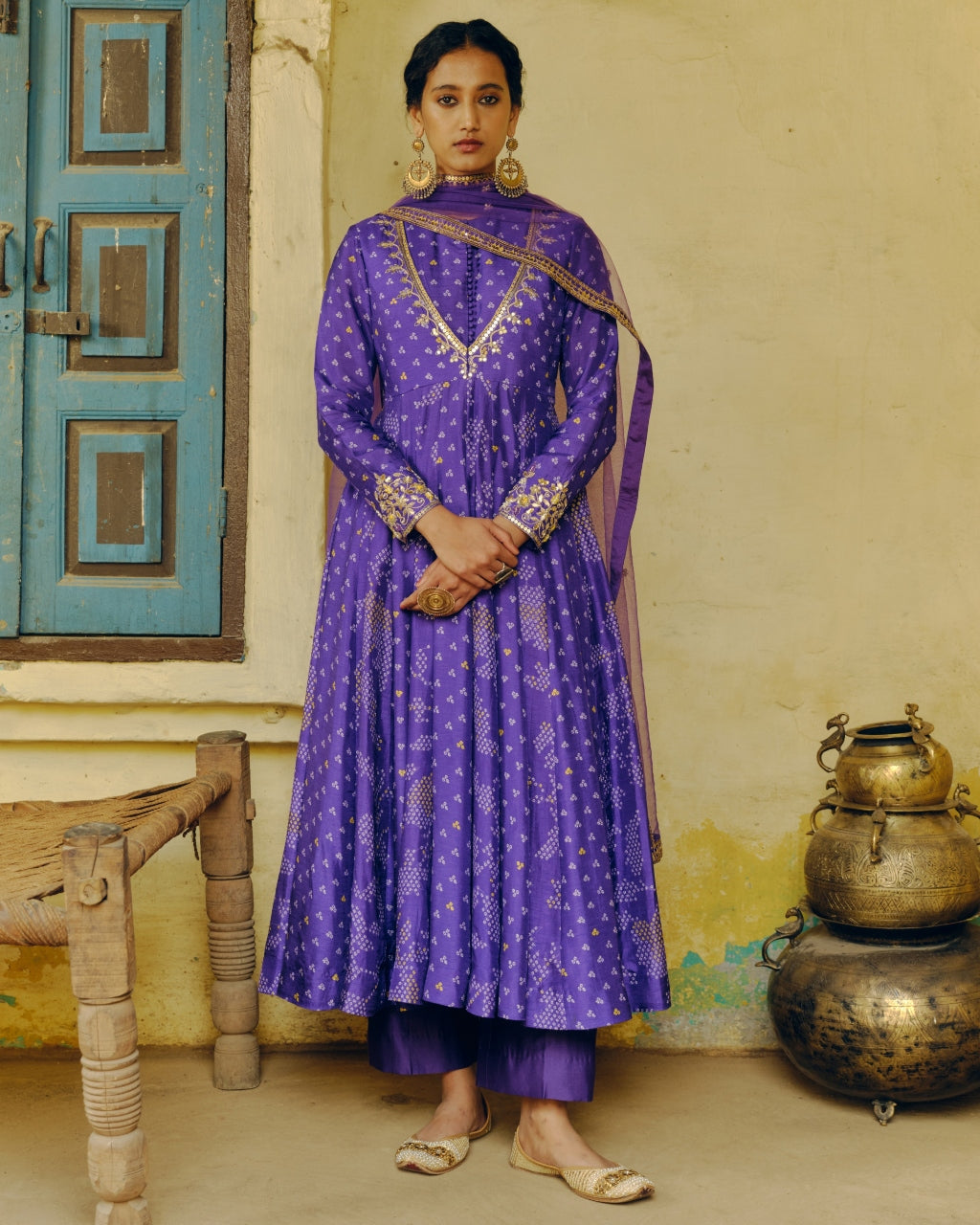 Purple Bandhej Anarkali Set