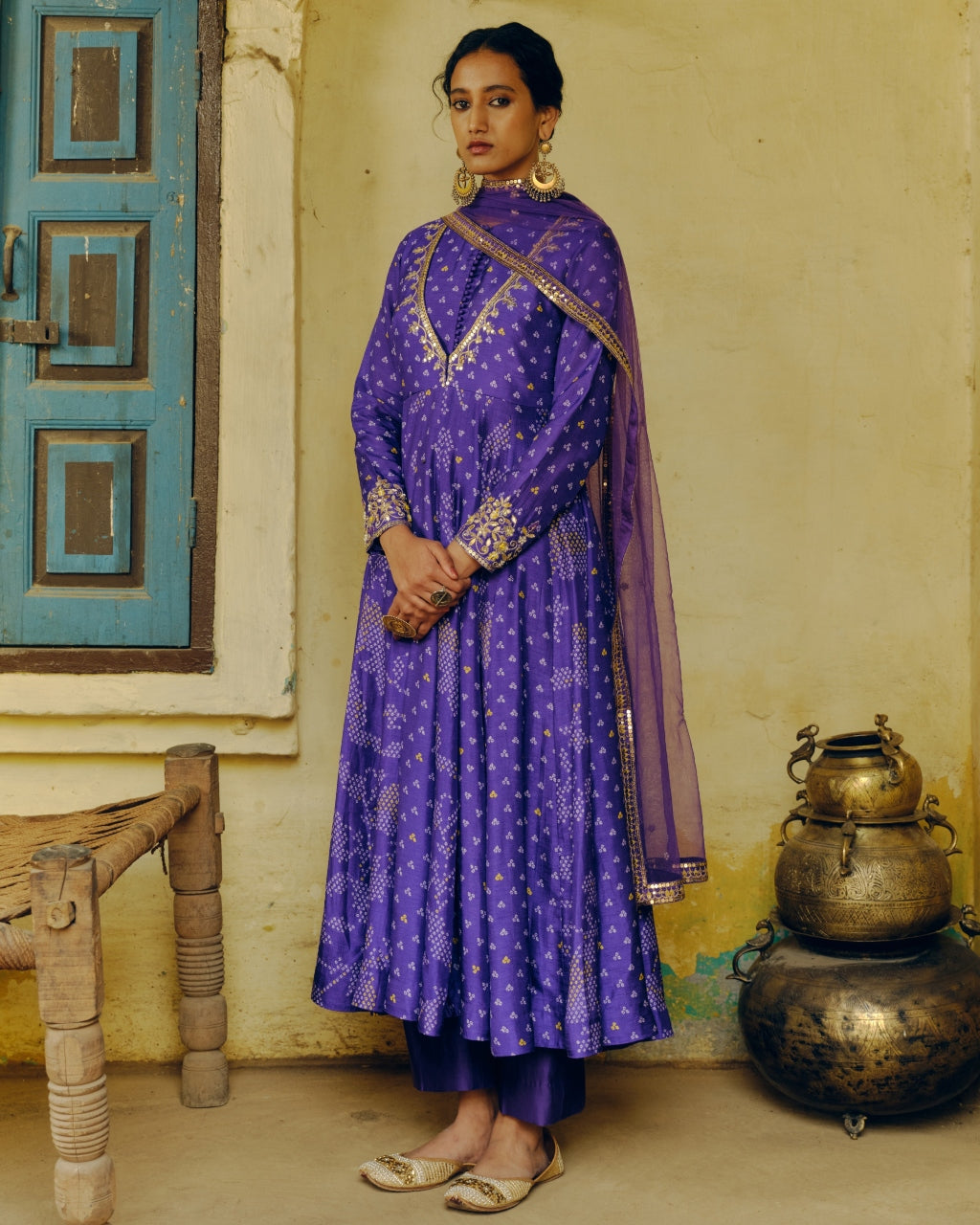 Purple Bandhej Anarkali Set