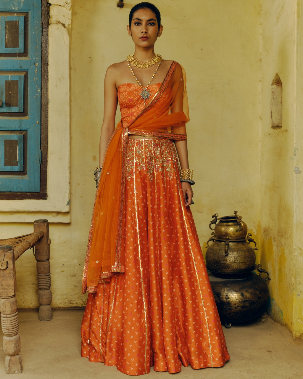 Rust Bandhej Lehenga Set