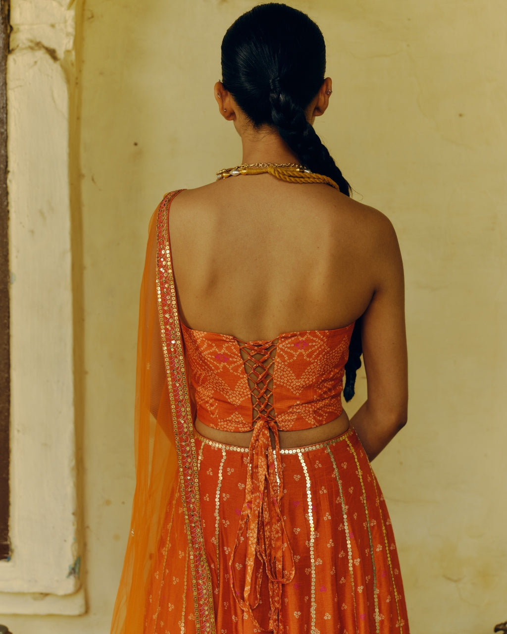 Rust Bandhej Lehenga Set