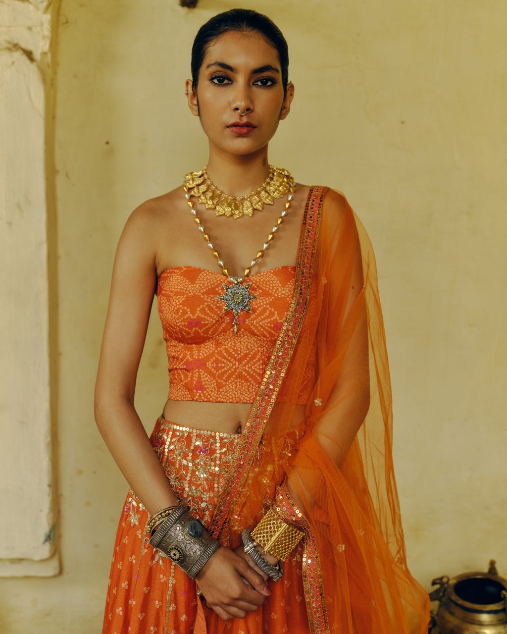 Rust Bandhej Lehenga Set