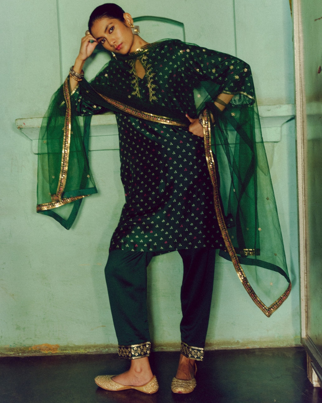 Emerald Green Bandhej Kurta Set