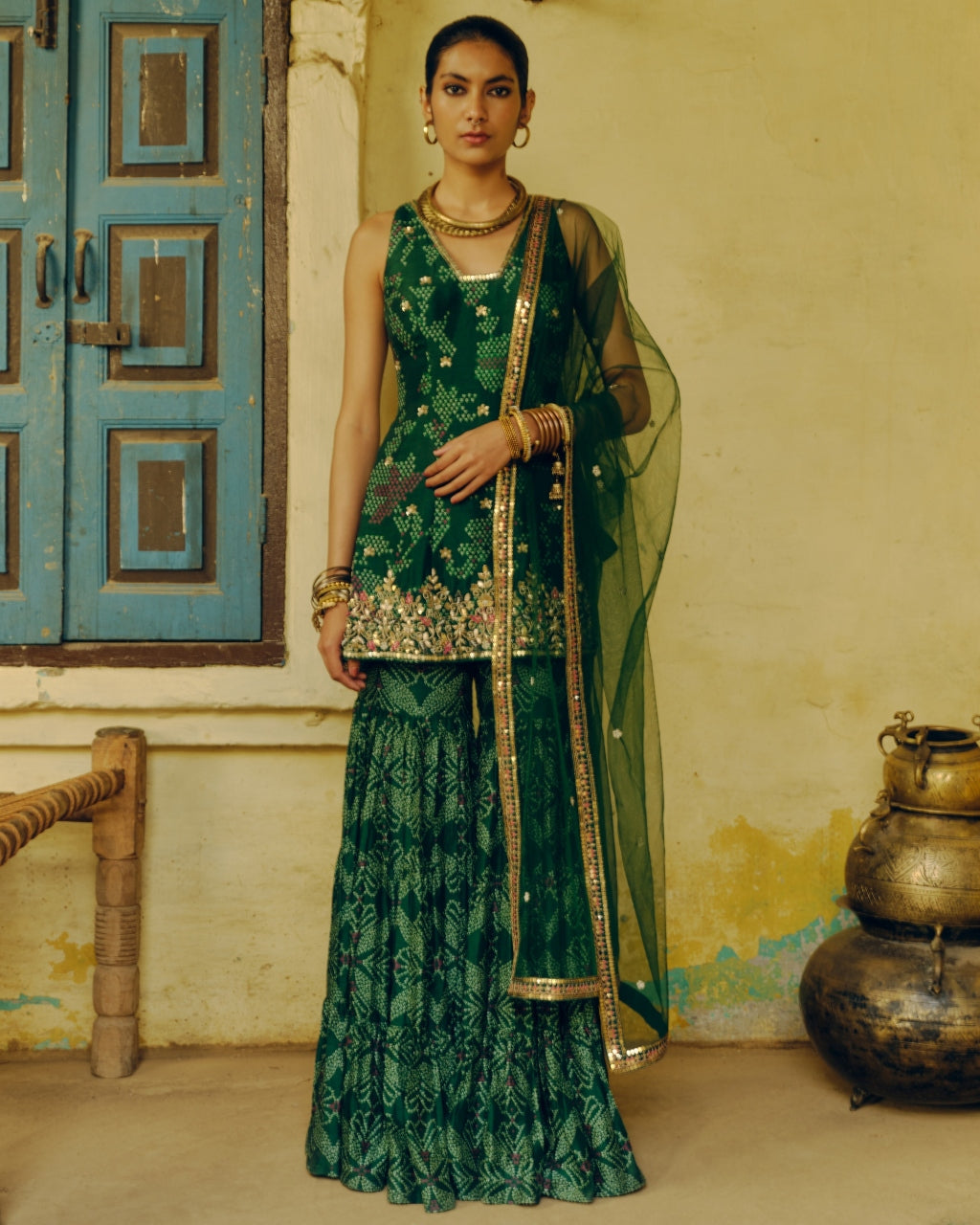 Emerald Green Bandhej Sharara Set