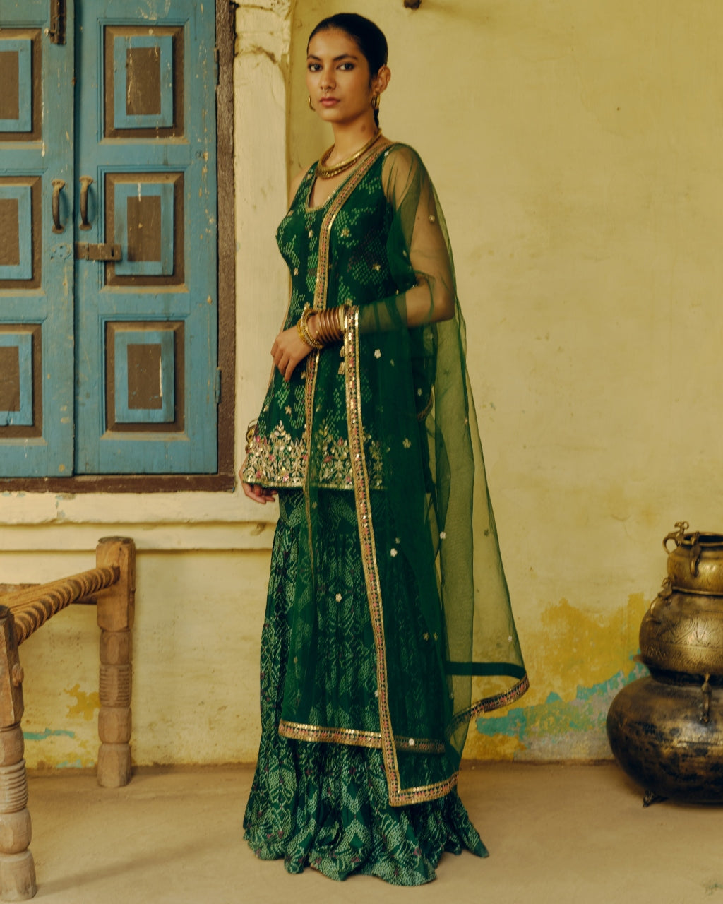 Emerald Green Bandhej Sharara Set