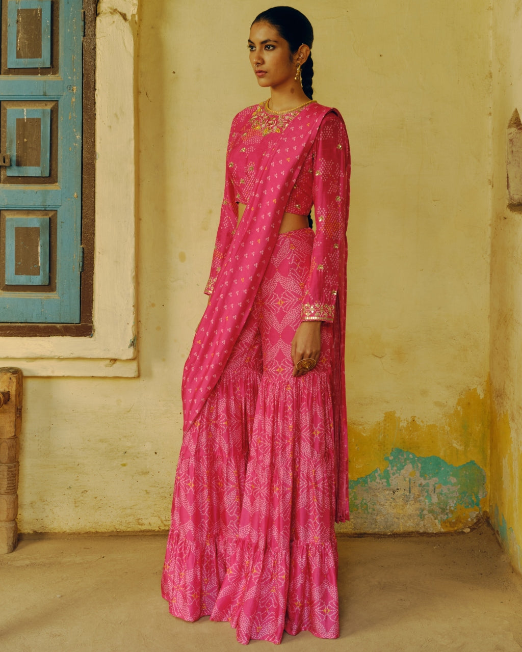 Rani Pink Bandhej Sharara Sari Set