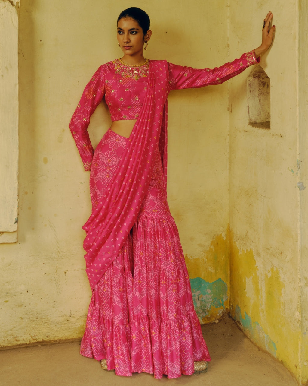 Rani Pink Bandhej Sharara Sari Set