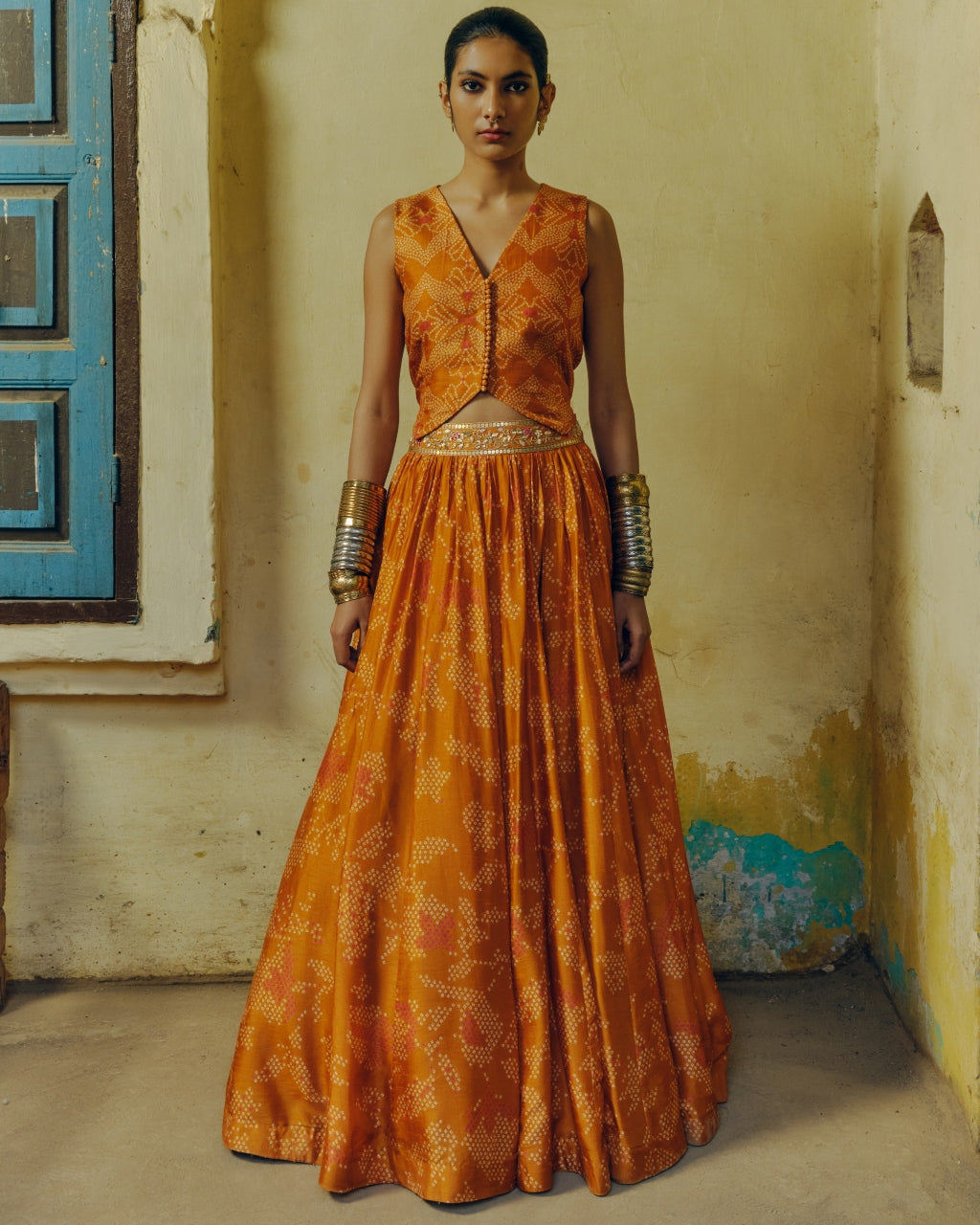 Ochre Bandhej Lehenga Set