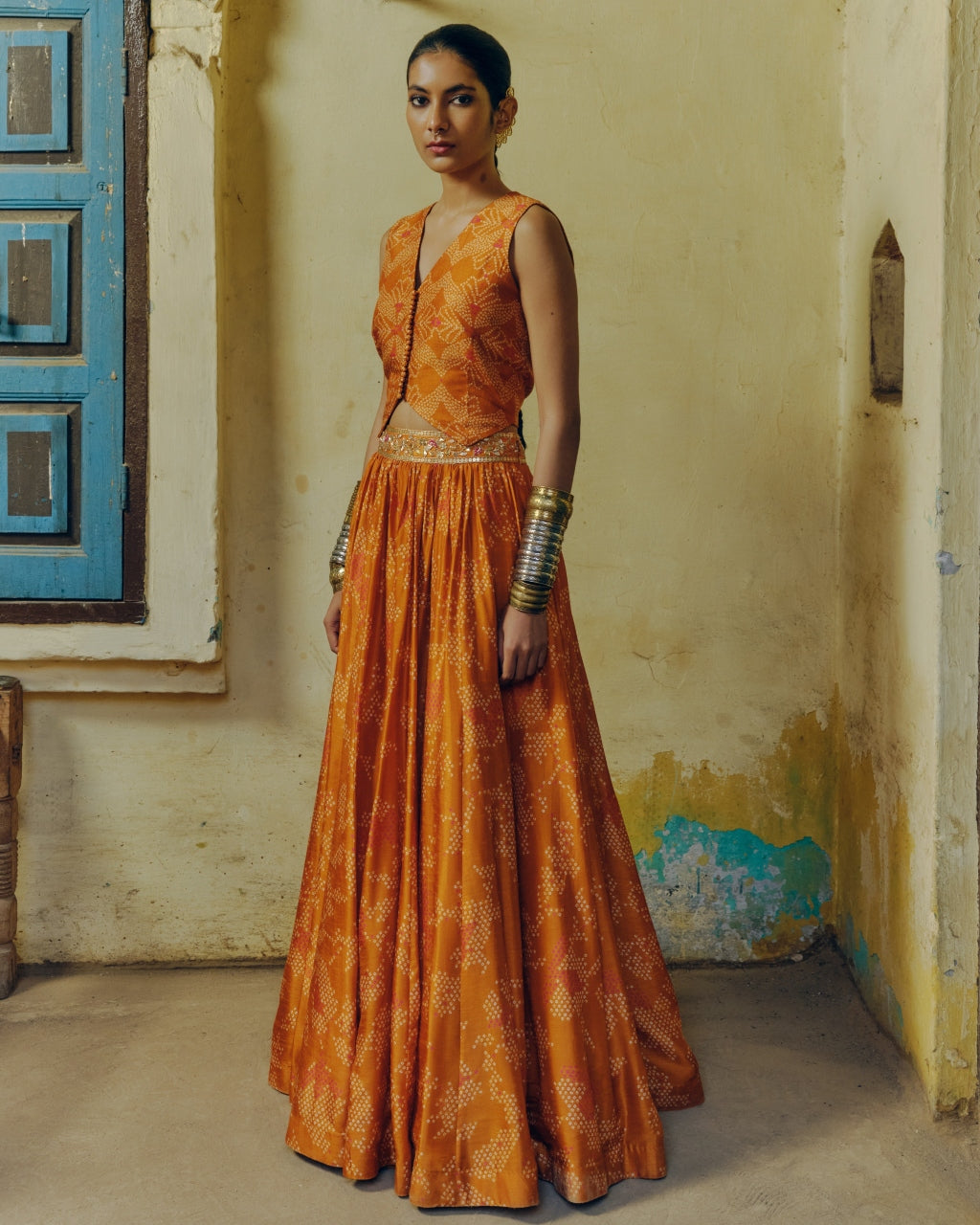 Ochre Bandhej Lehenga Set