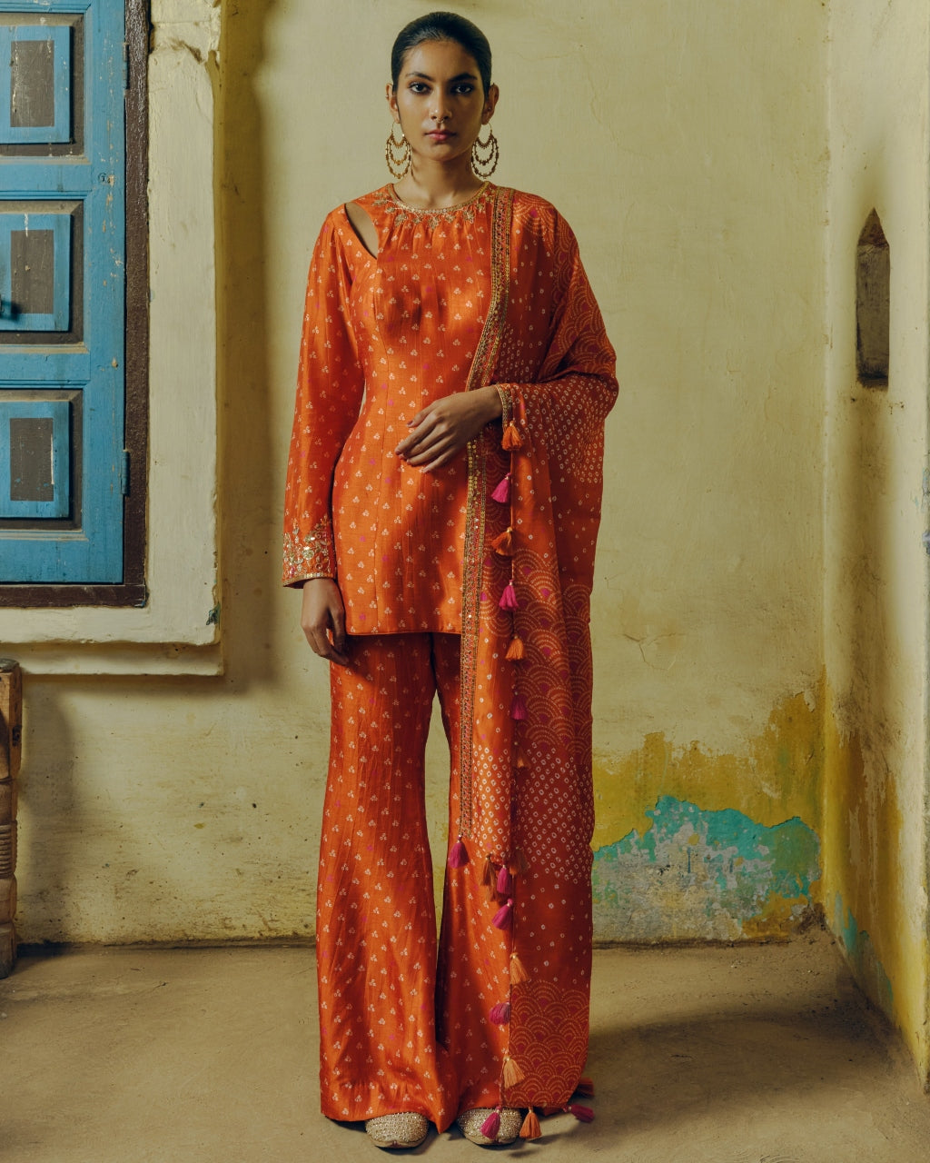 Rust Bandhej Kurta Set