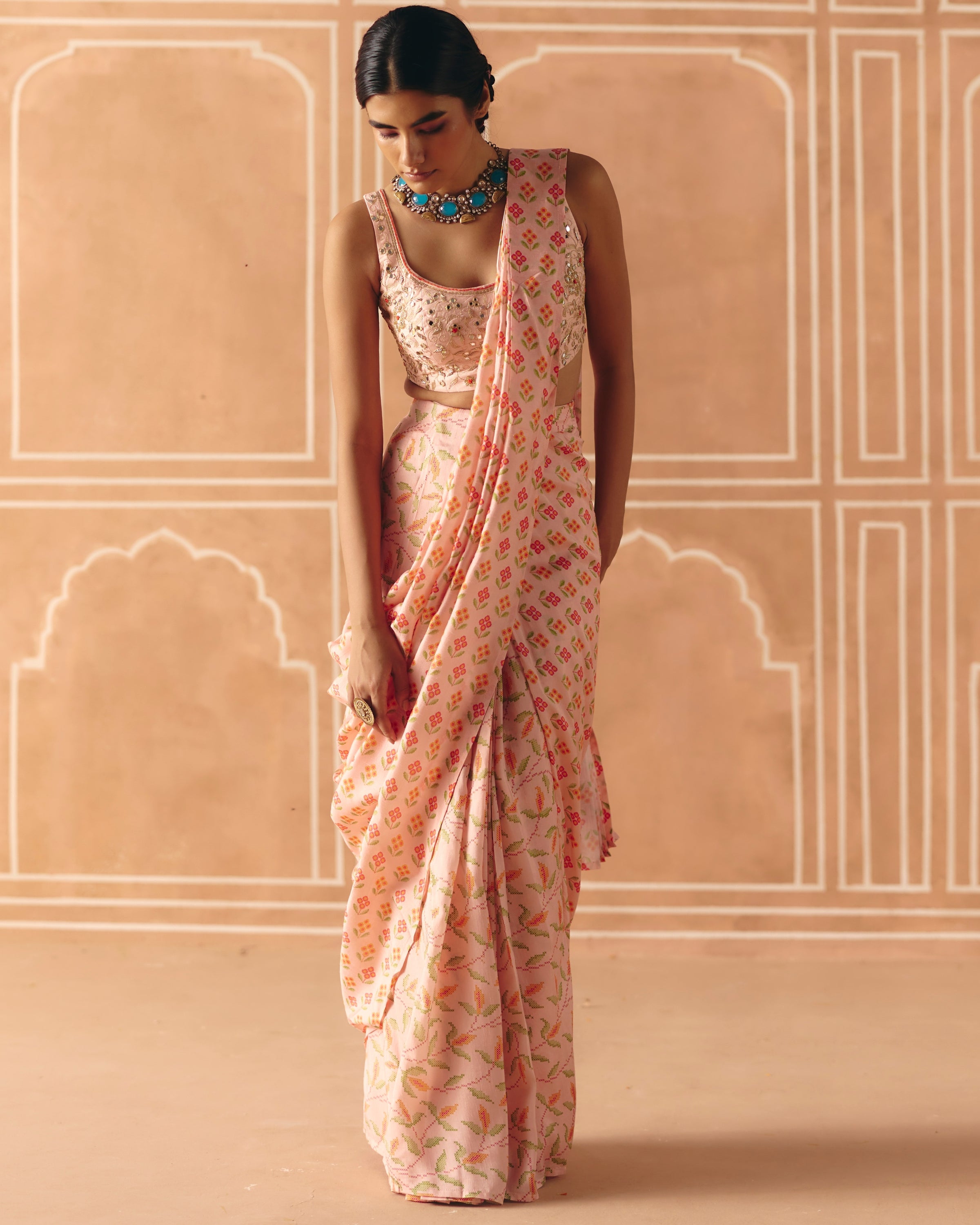Blush Pink Pre Draped Sari Set