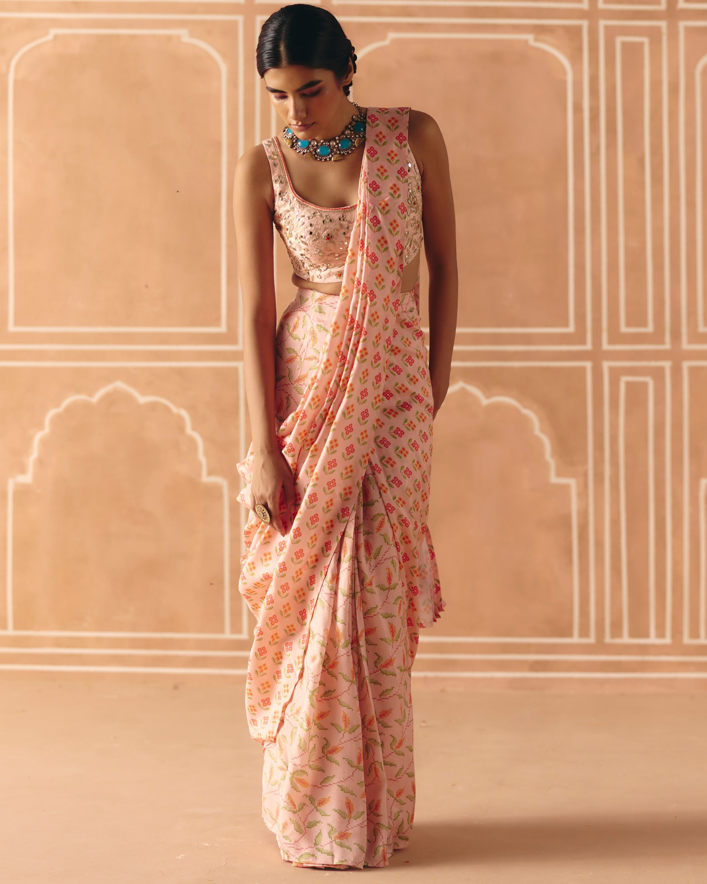 Blush Pink Pre Draped Sari Set