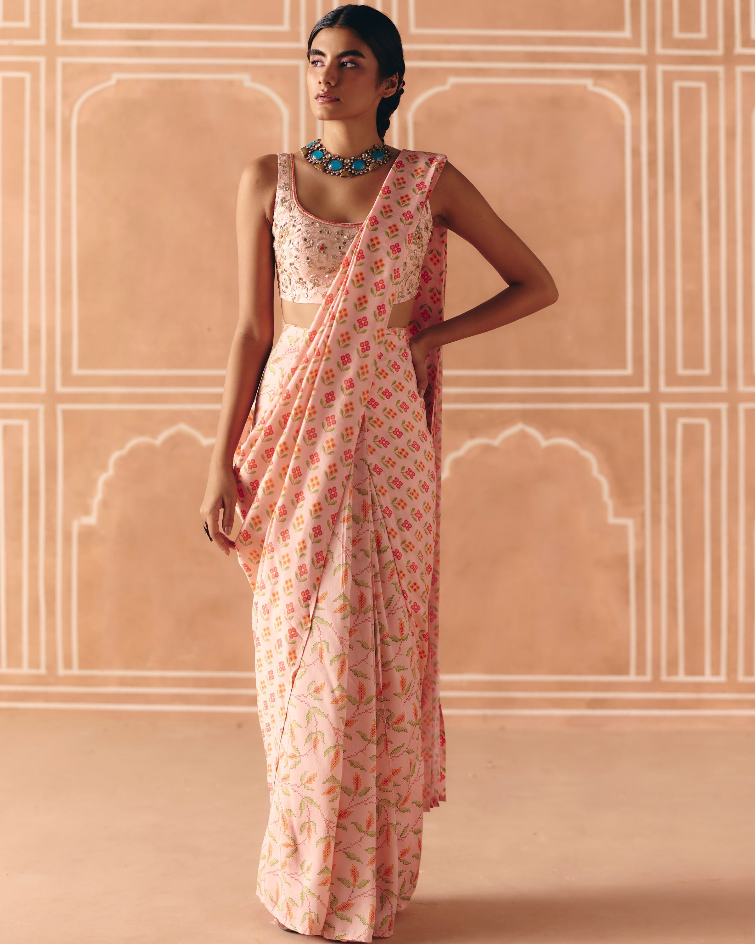 Blush Pink Pre Draped Sari Set