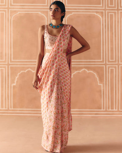 Blush Pink Pre Draped Sari Set