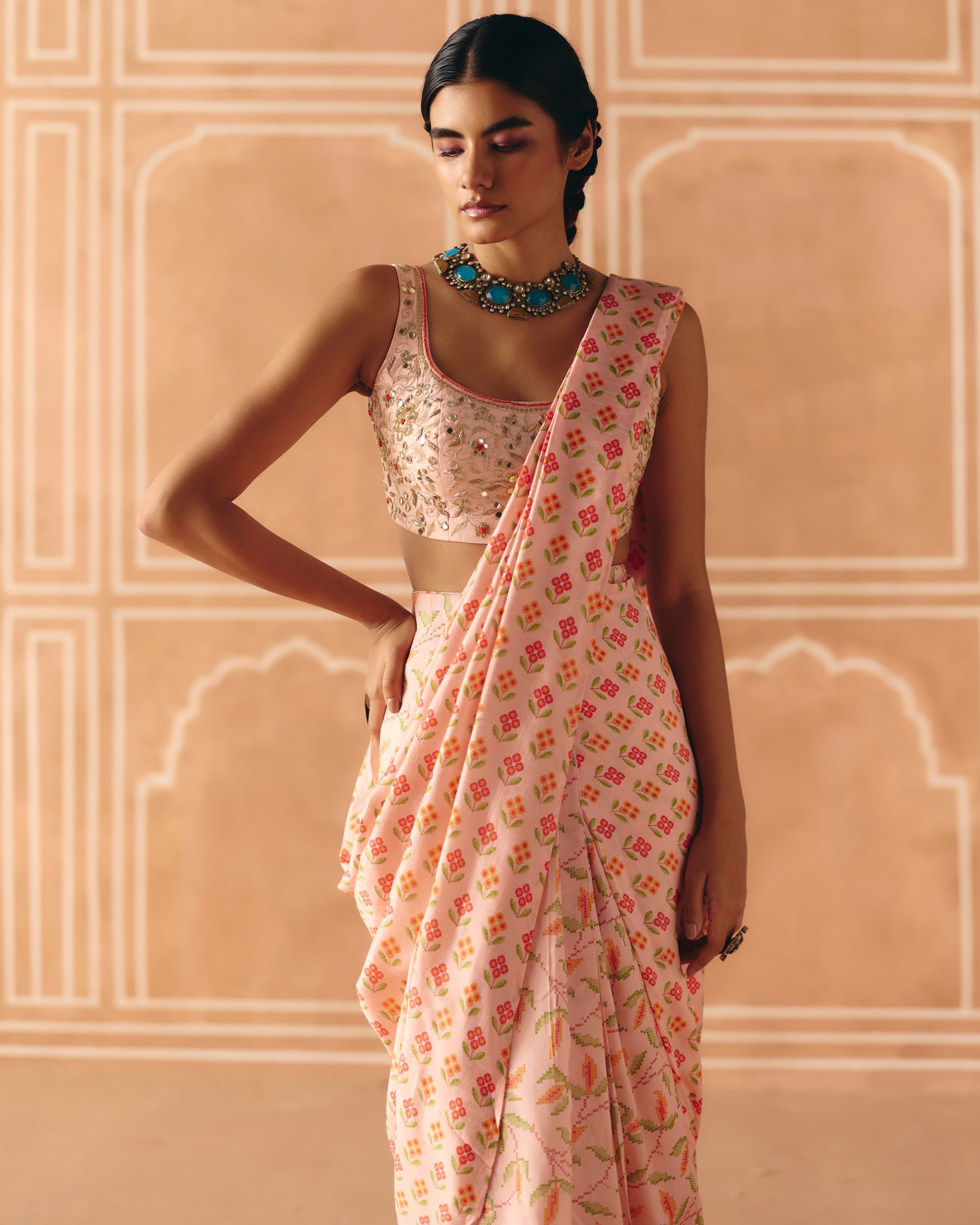 Blush Pink Pre Draped Sari Set