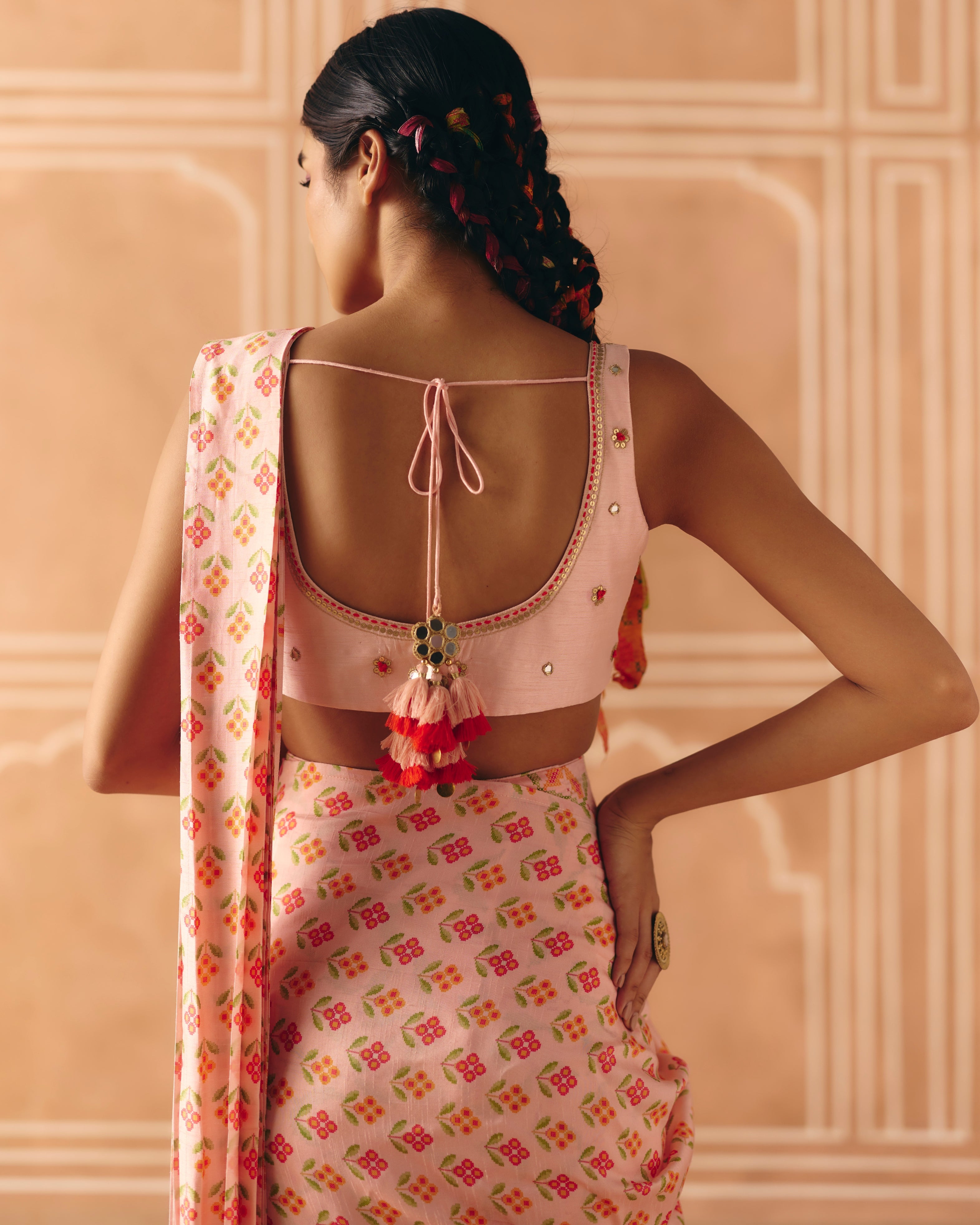 Blush Pink Pre Draped Sari Set