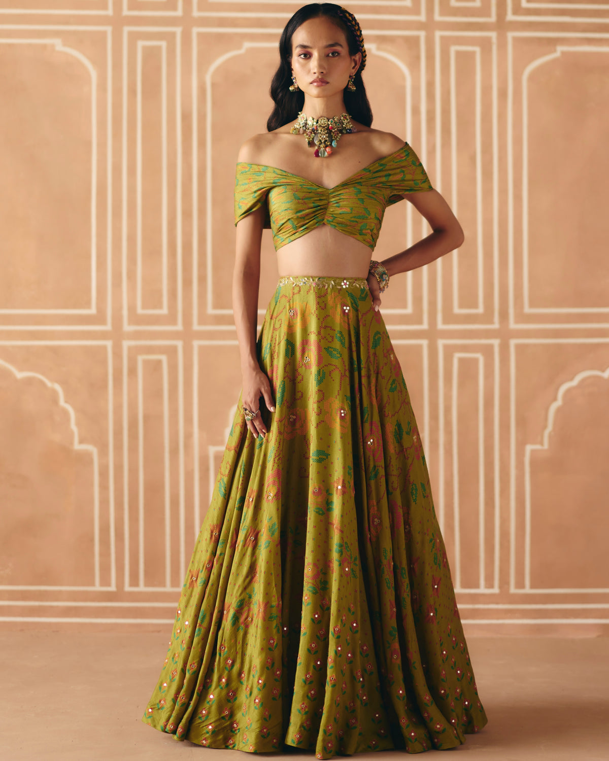 Parrot Green Off Shoulder Lehenga