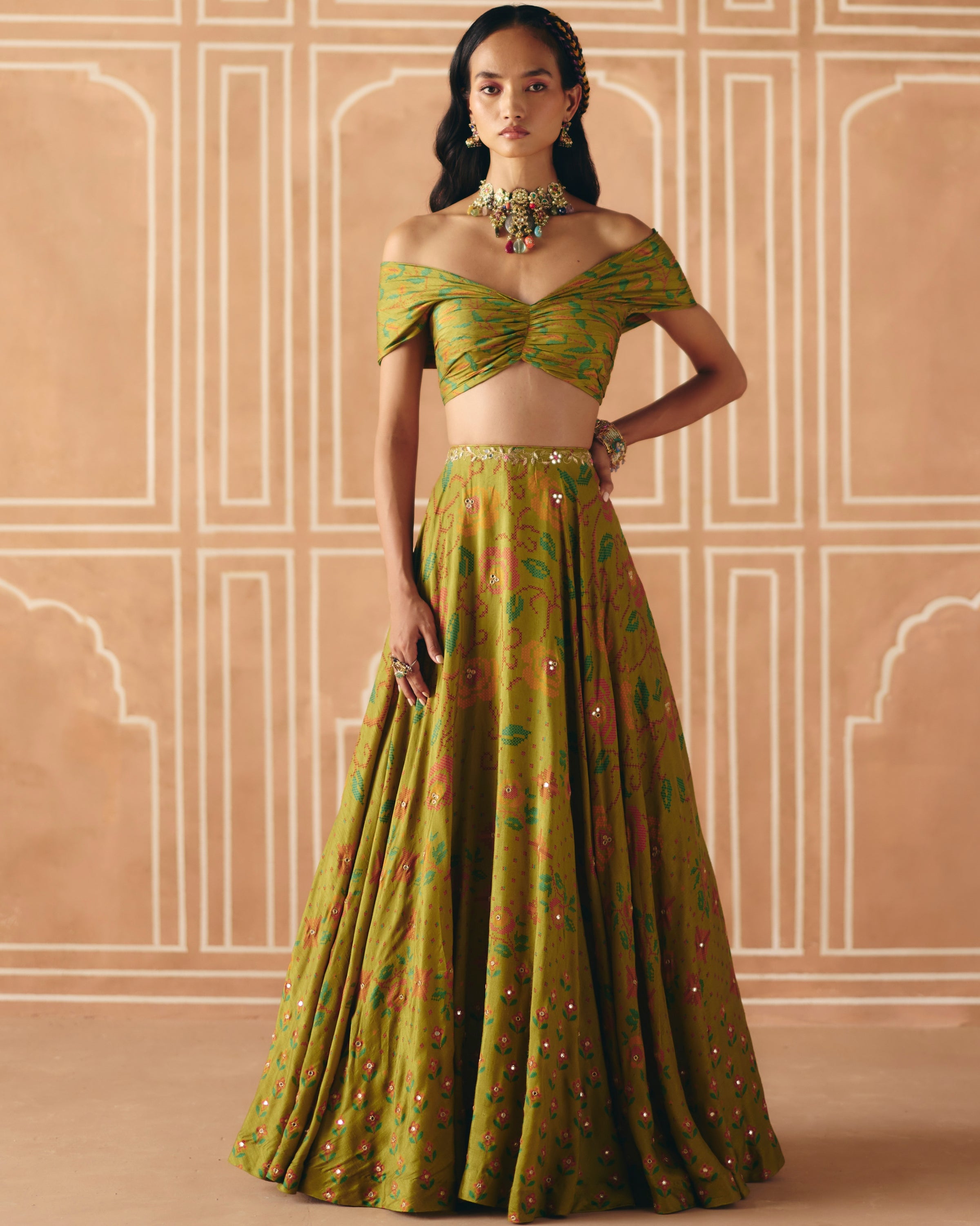 Parrot Green Off Shoulder Lehenga