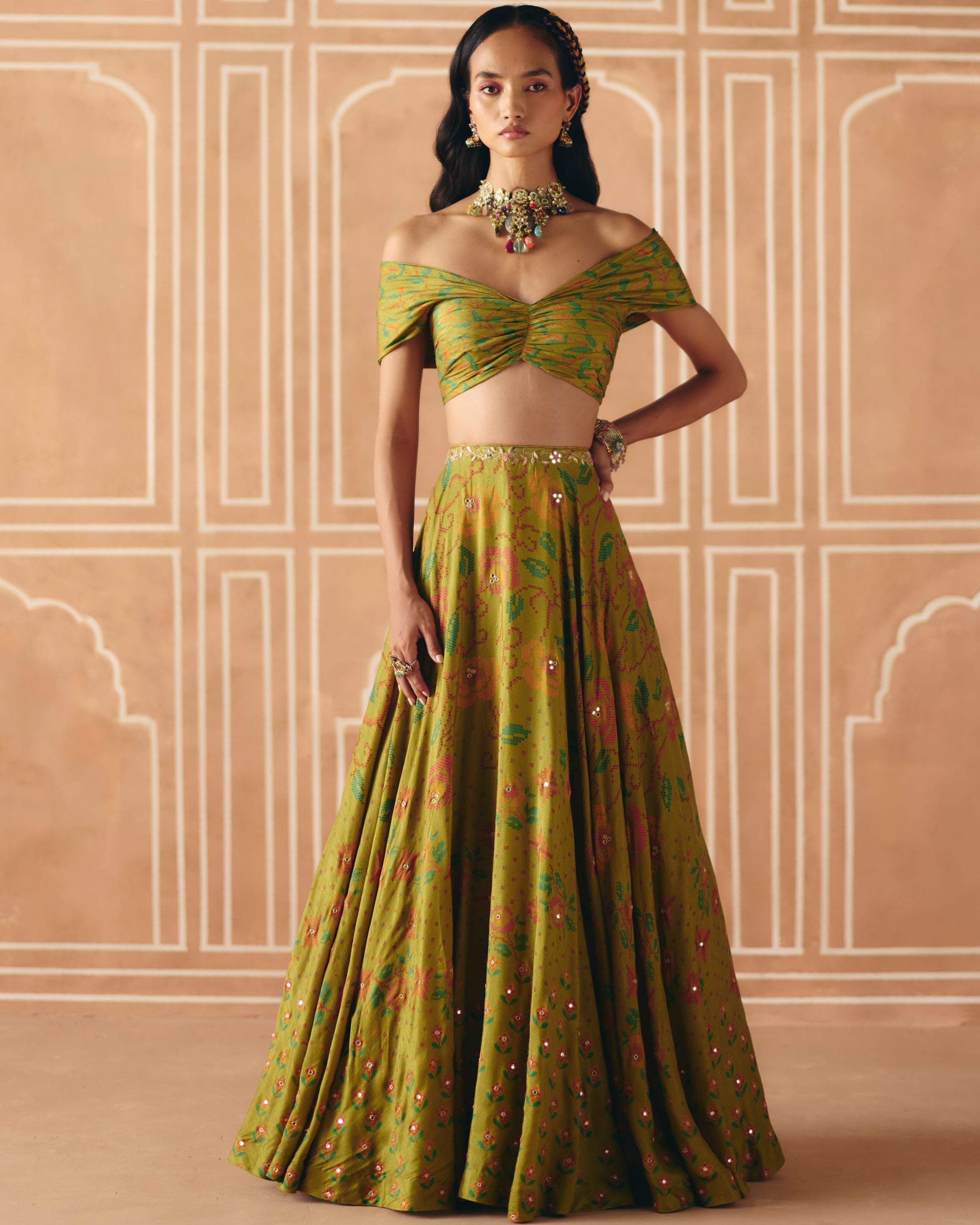 Parrot Green Off Shoulder Lehenga