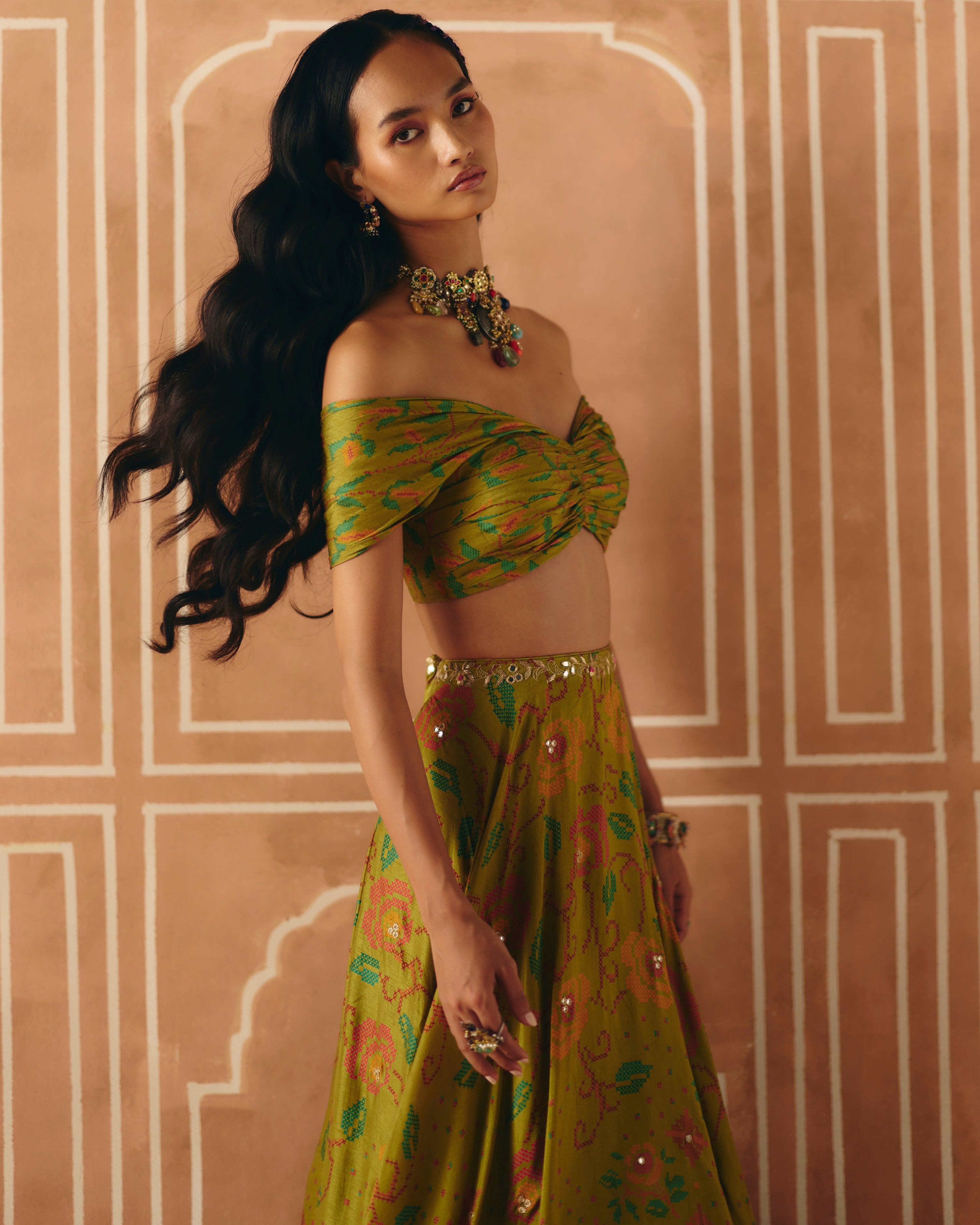 Parrot Green Off Shoulder Lehenga