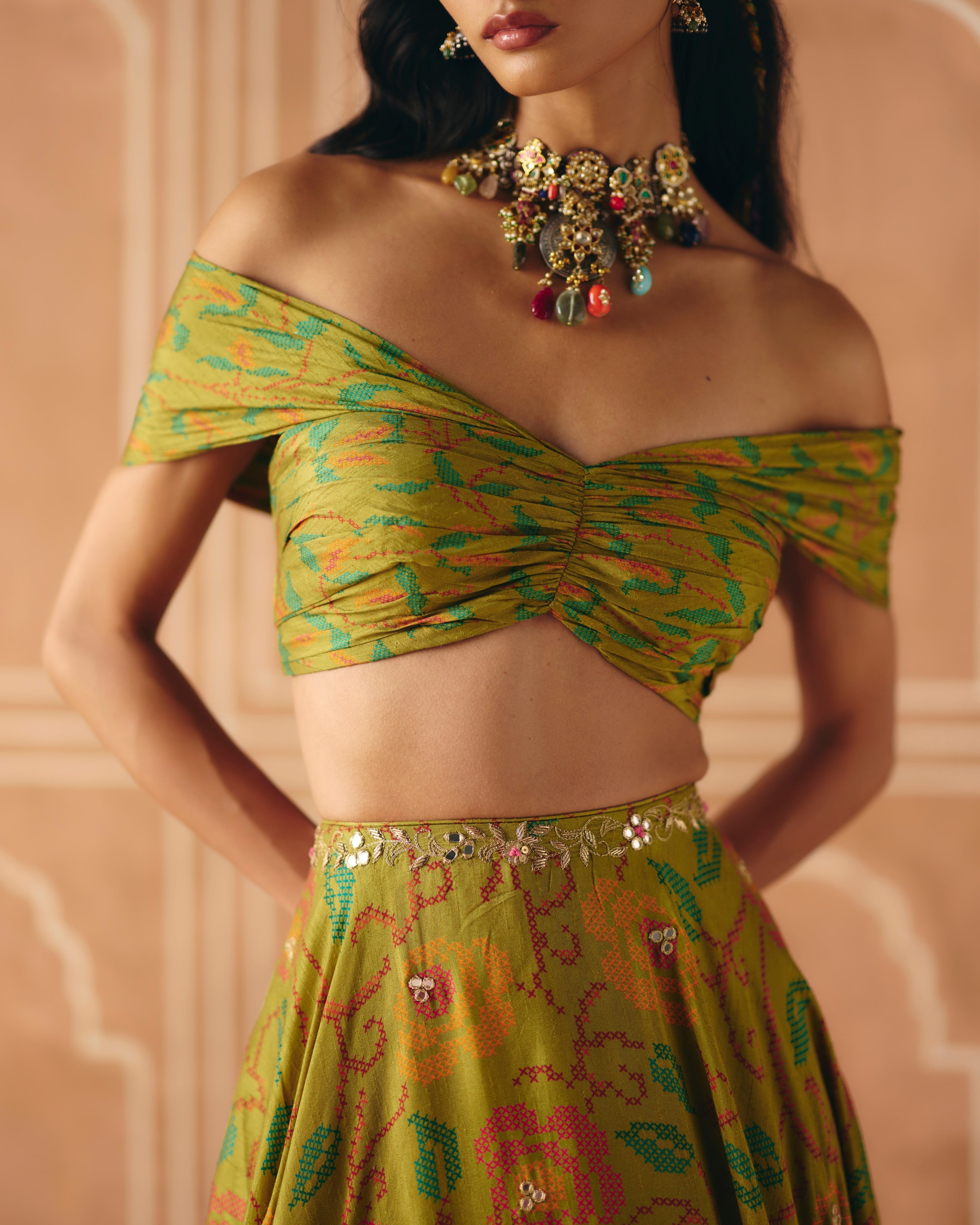 Parrot Green Off Shoulder Lehenga