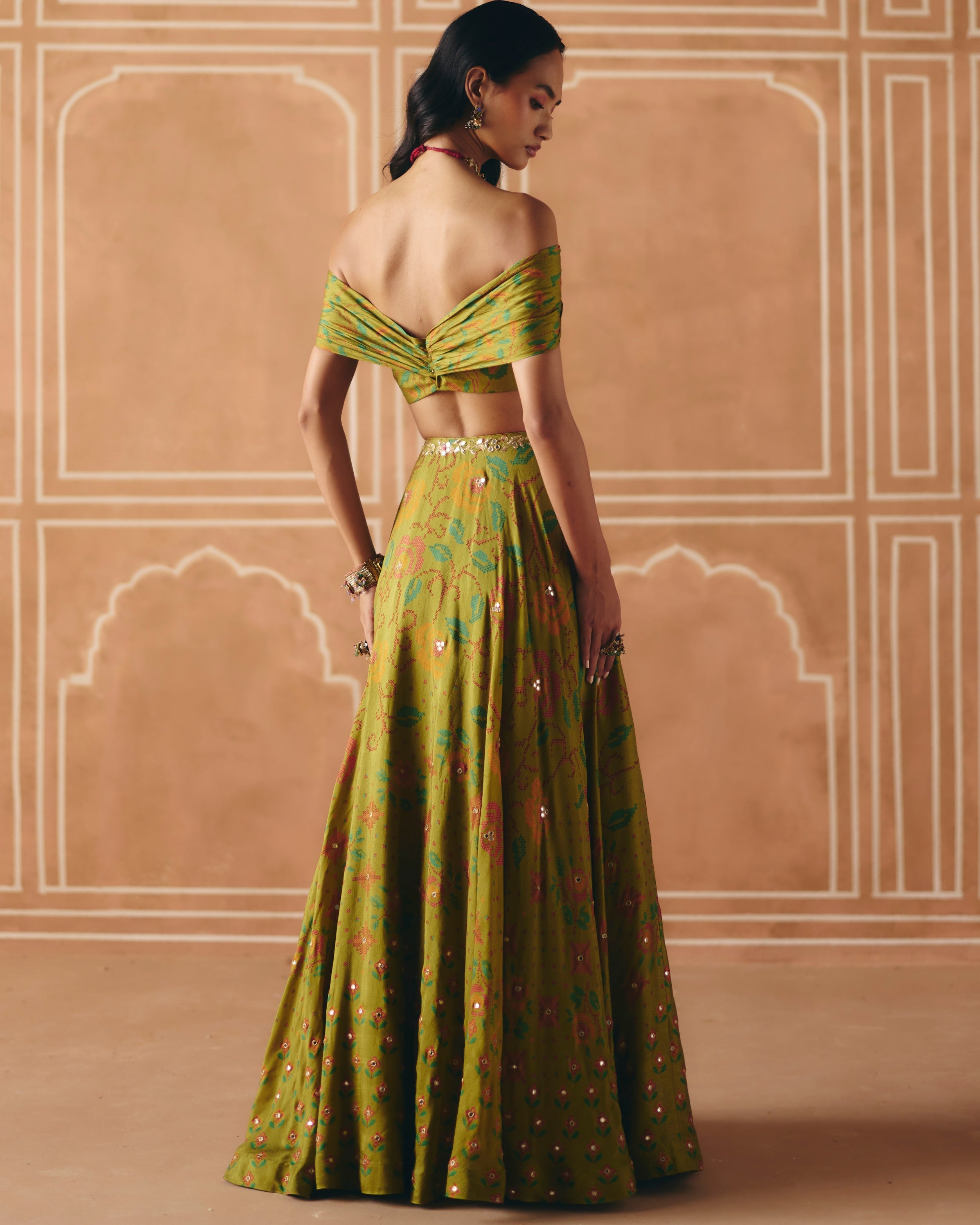 Parrot Green Off Shoulder Lehenga