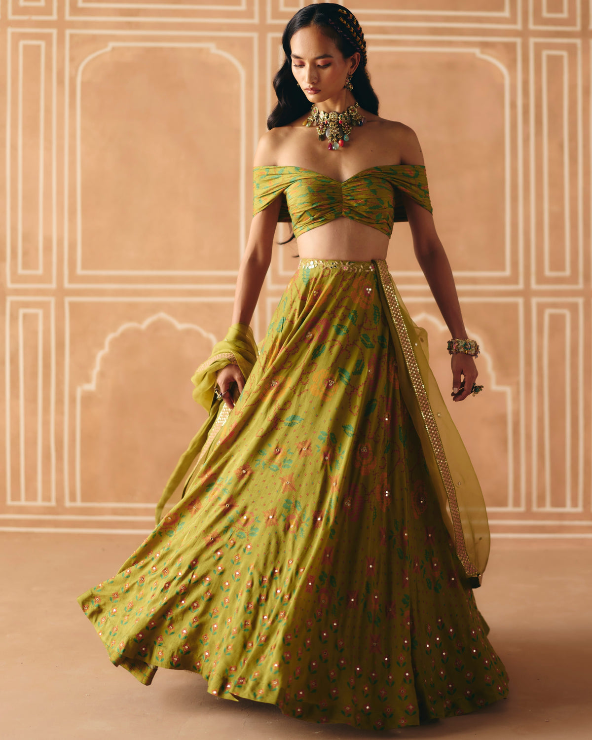 Parrot Green Off Shoulder Lehenga