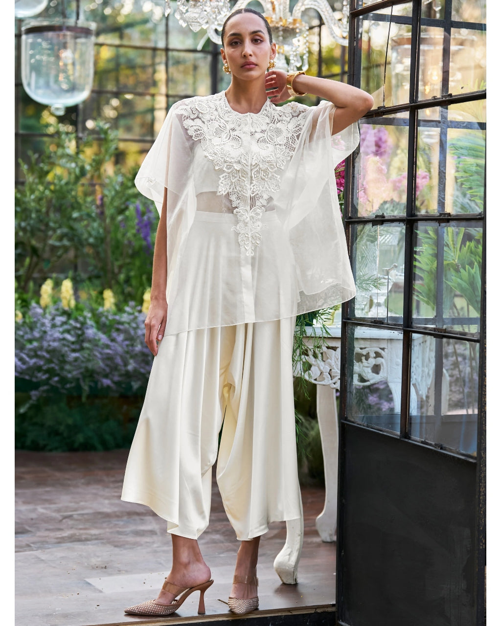 Embroidered Cape & Bralette With Draped Culottes