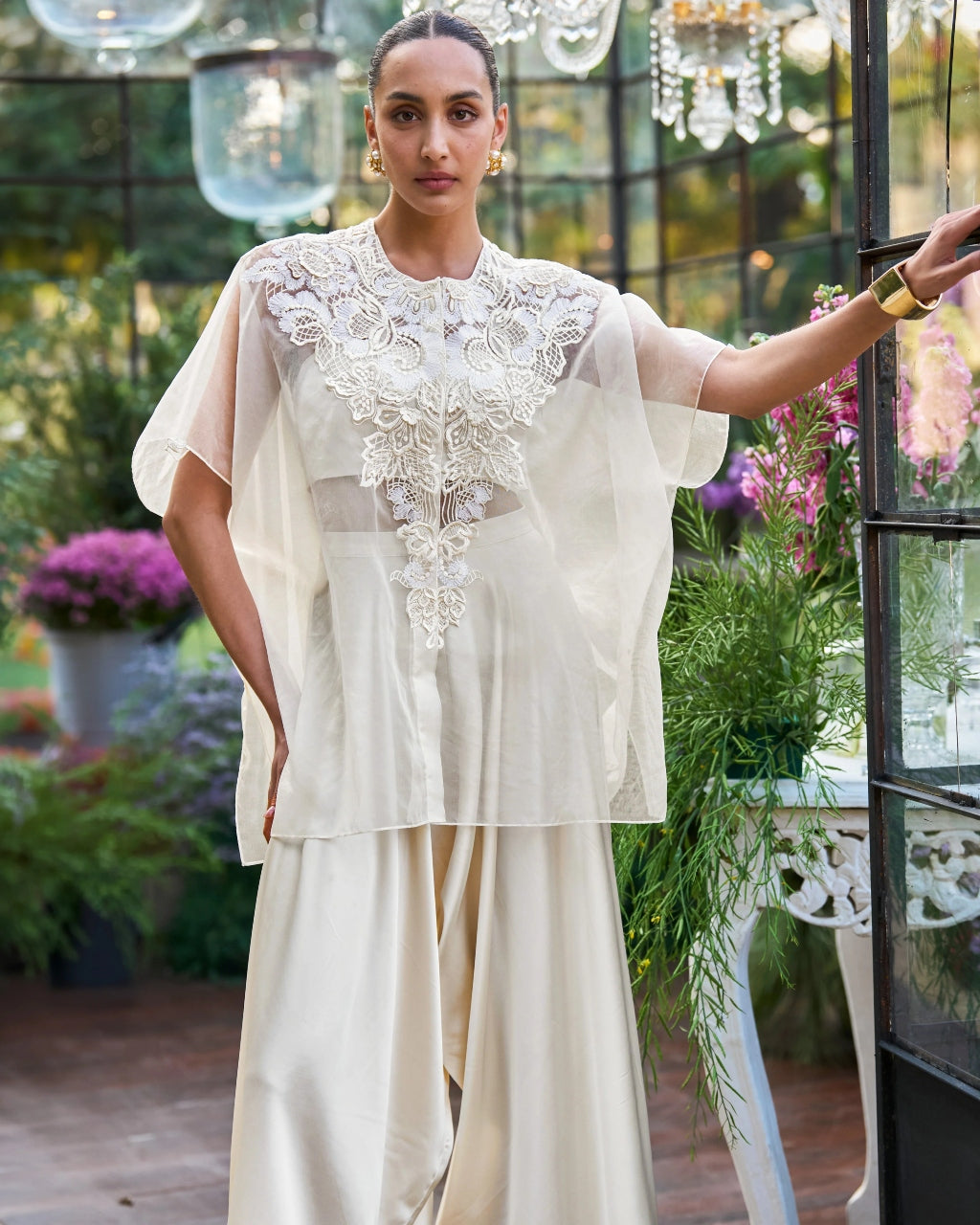 Embroidered Cape & Bralette With Draped Culottes