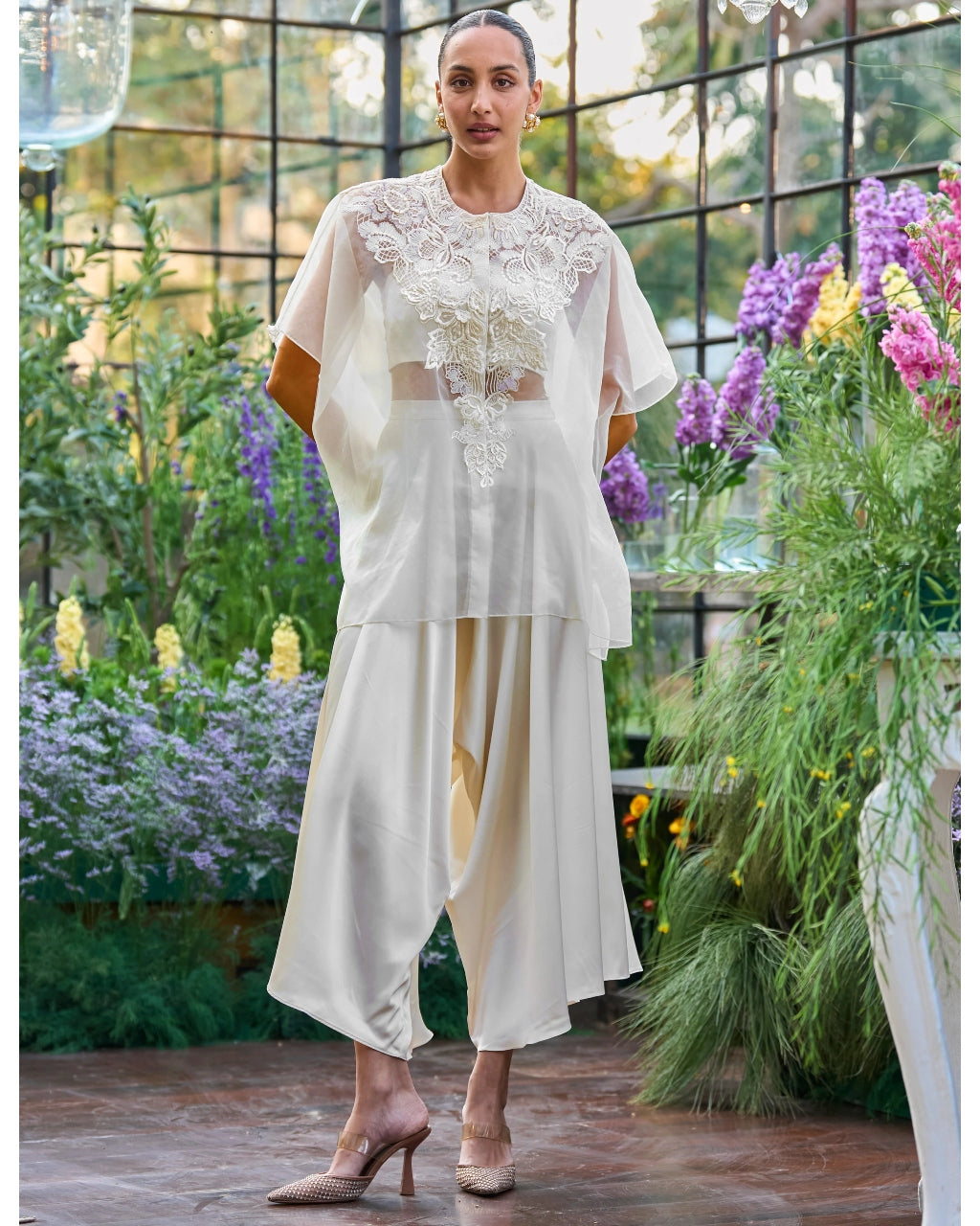 Embroidered Cape & Bralette With Draped Culottes