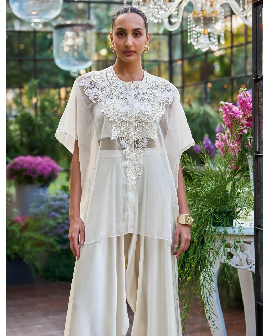 Embroidered Cape & Bralette With Draped Culottes