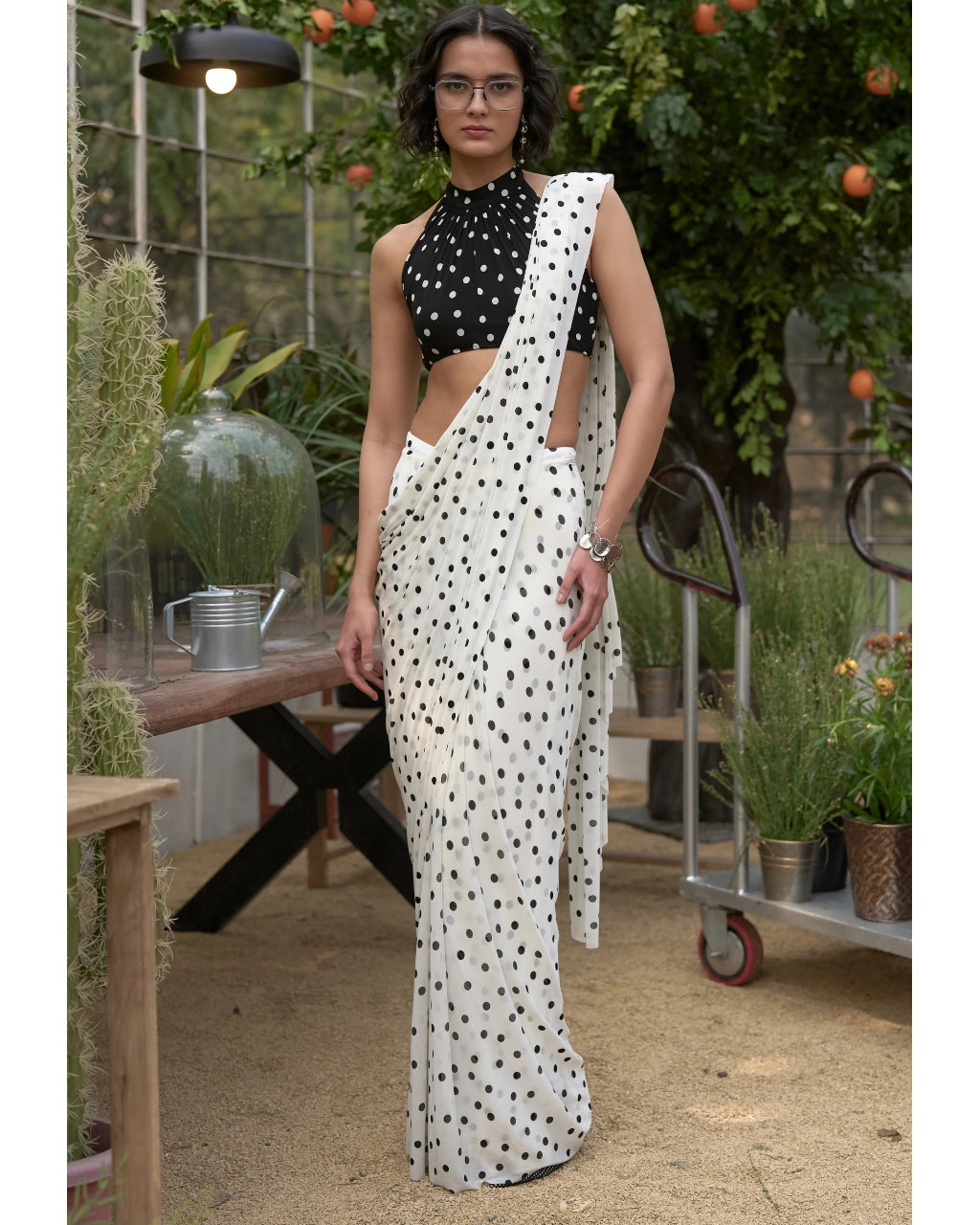 Polka Dot Halter Neck Blouse & Sari Drape Skirt