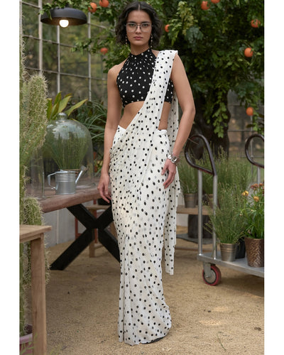 Polka Dot Halter Neck Blouse & Sari Drape Skirt