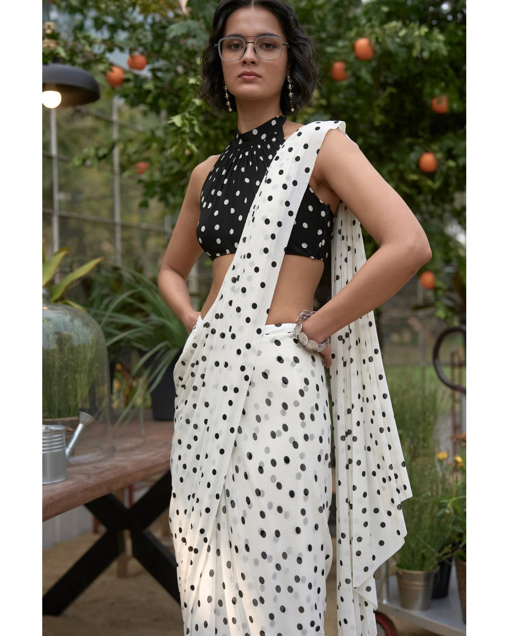 Polka Dot Halter Neck Blouse & Sari Drape Skirt