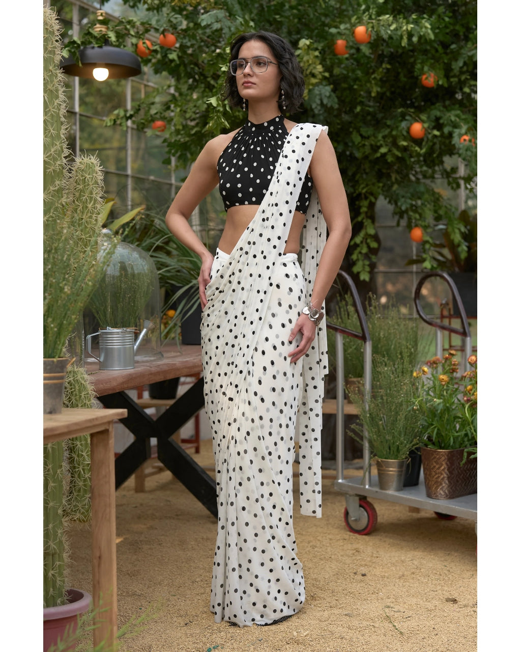 Polka Dot Halter Neck Blouse & Sari Drape Skirt