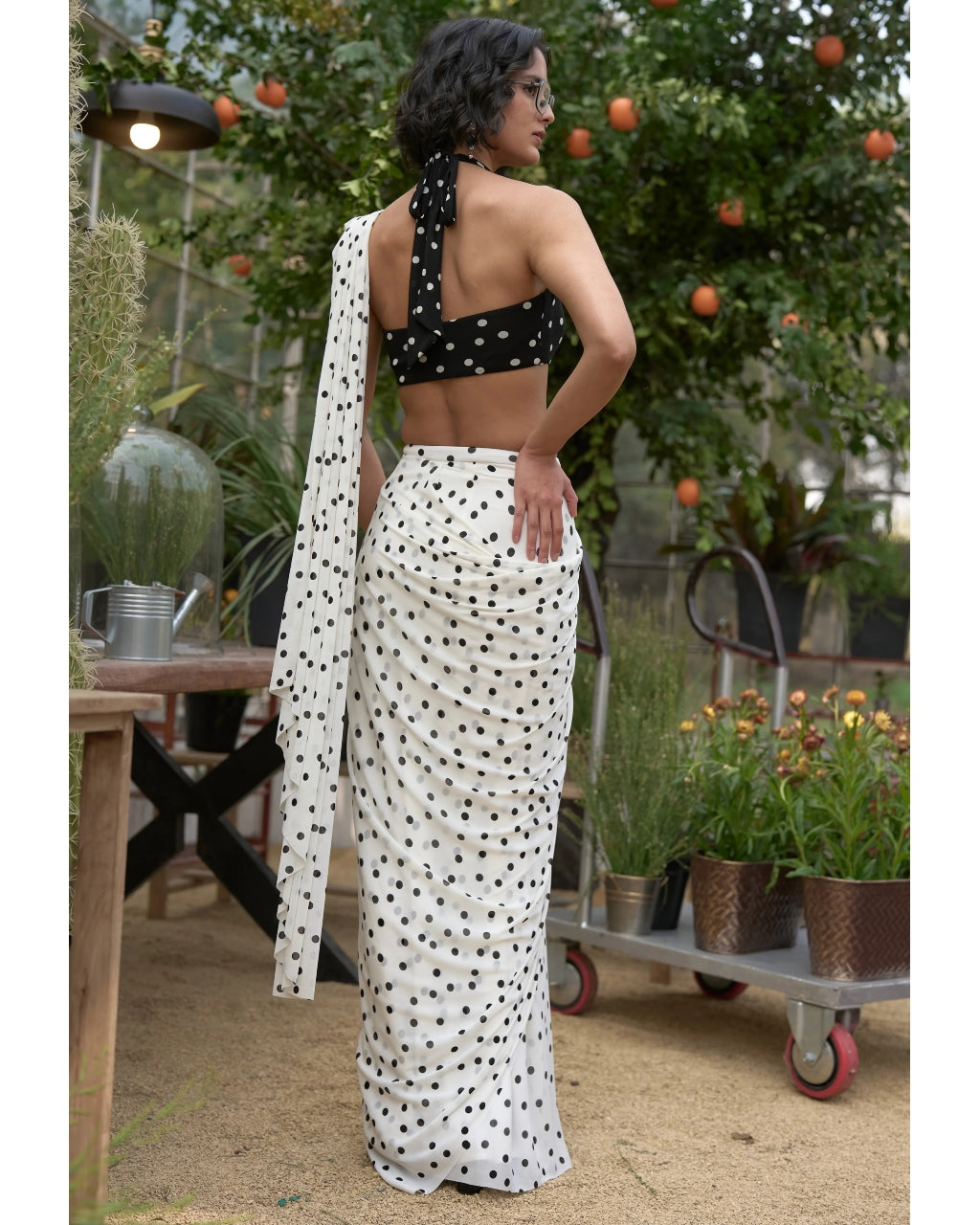Polka Dot Halter Neck Blouse & Sari Drape Skirt