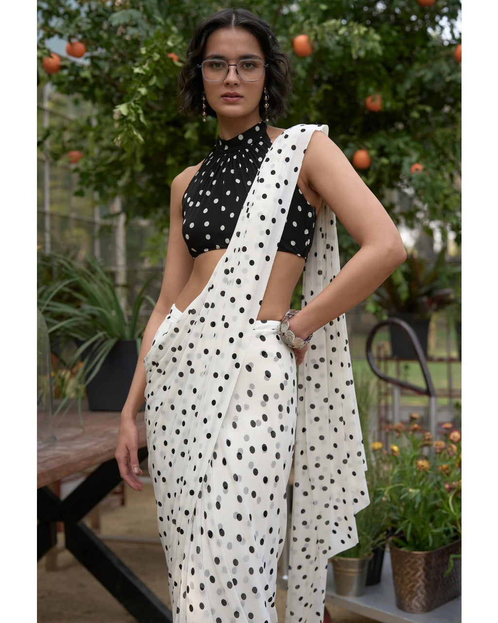Polka Dot Halter Neck Blouse & Sari Drape Skirt