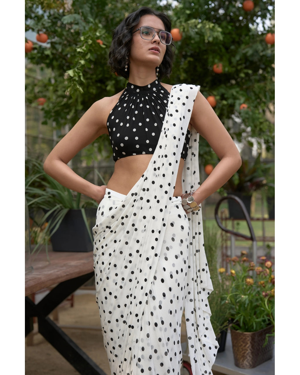 Polka Dot Halter Neck Blouse & Sari Drape Skirt