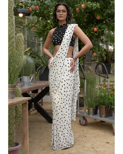Polka Dot Halter Neck Blouse & Sari Drape Skirt