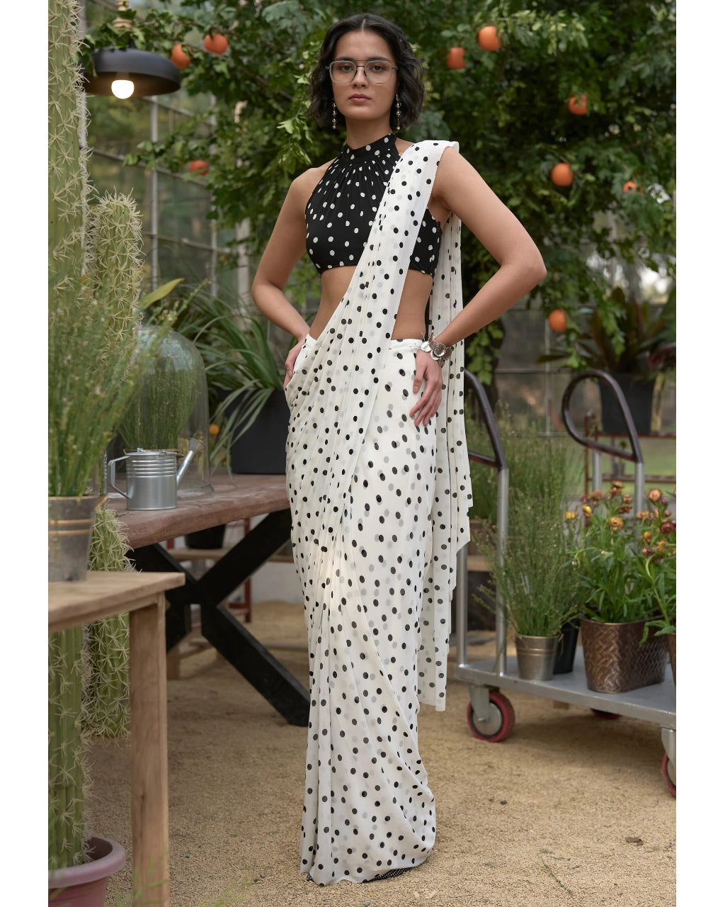 Polka Dot Halter Neck Blouse & Sari Drape Skirt
