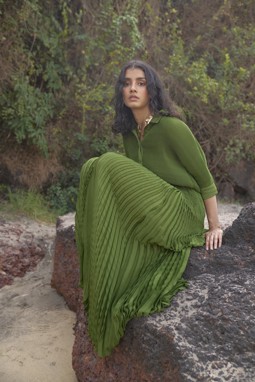 Green Pleated Skirt Set