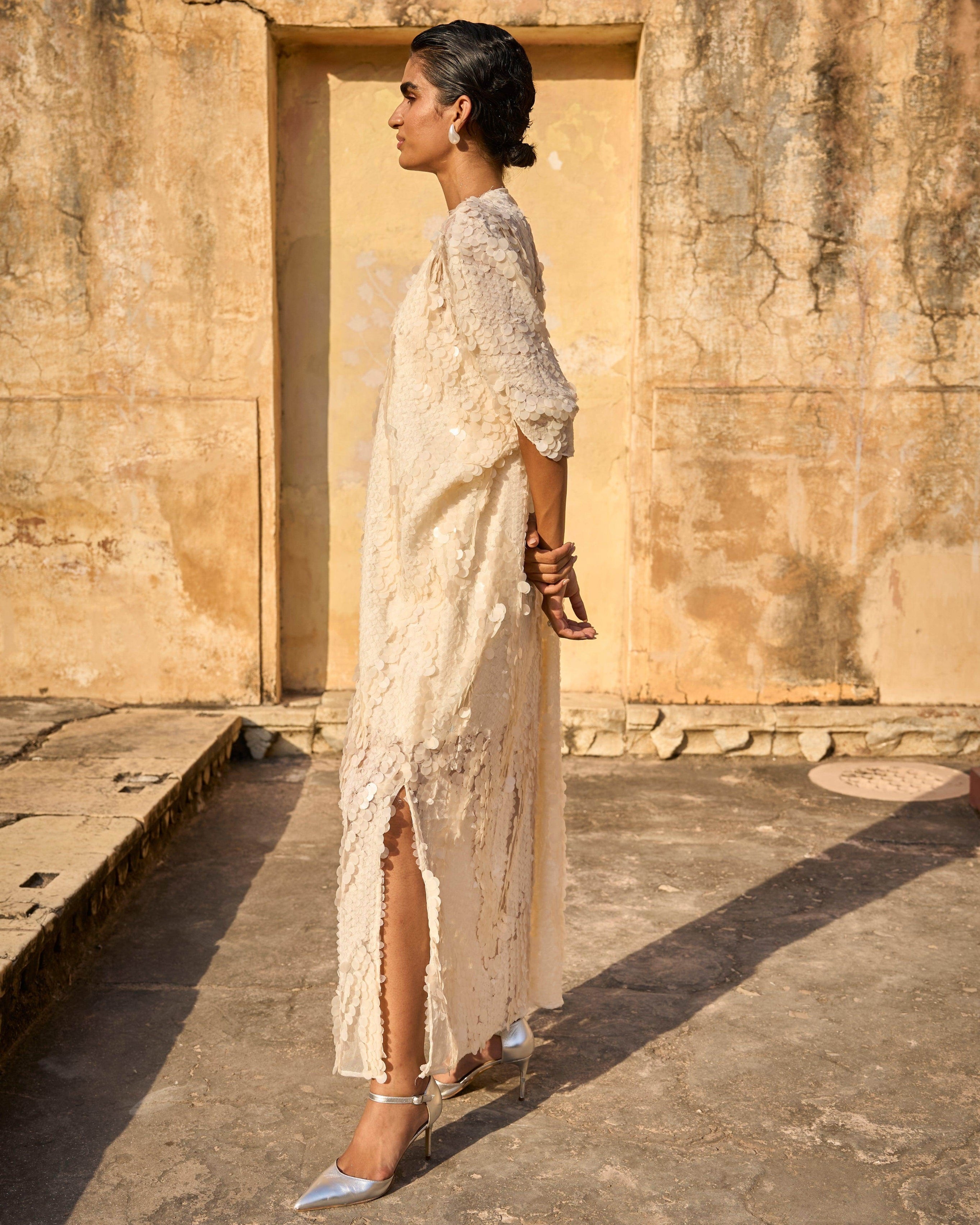 Ivory Pailette Kaftan Dress