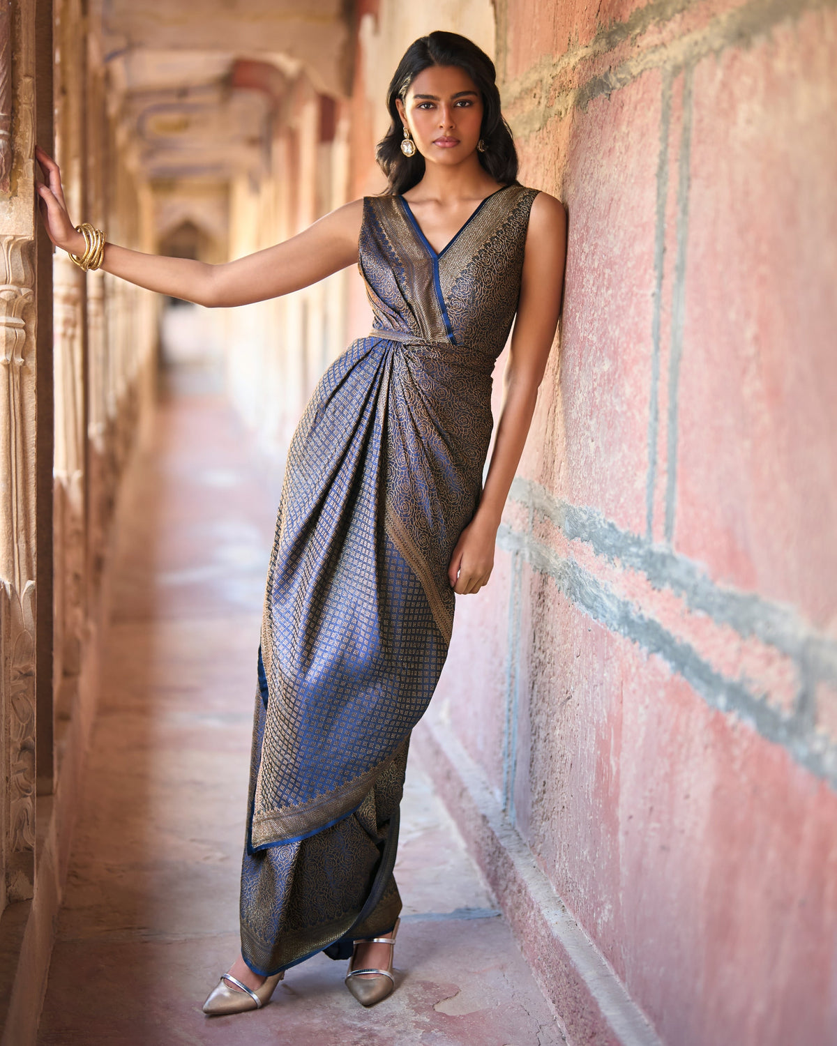 Navy Brocade Sari Gown