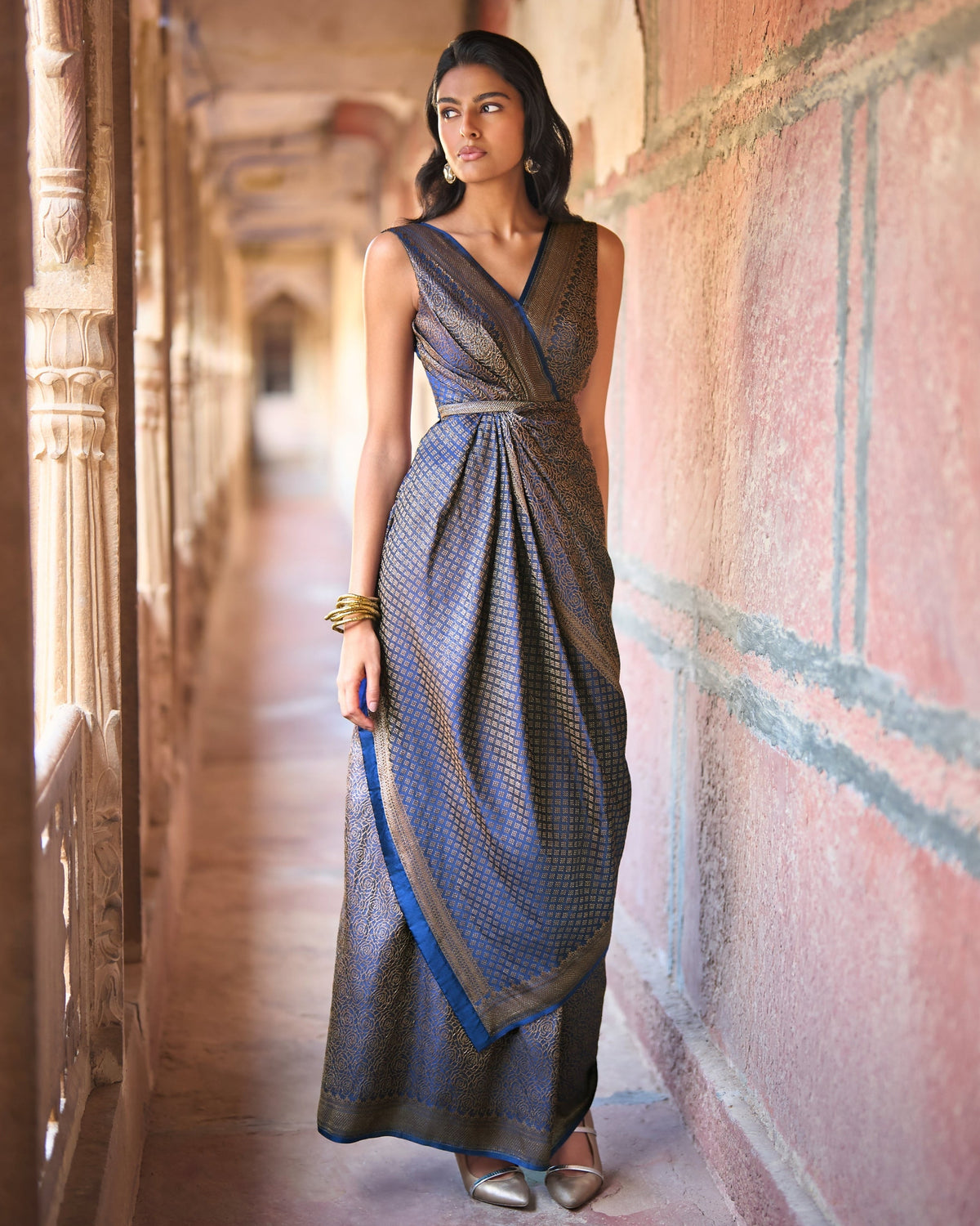 Navy Brocade Sari Gown