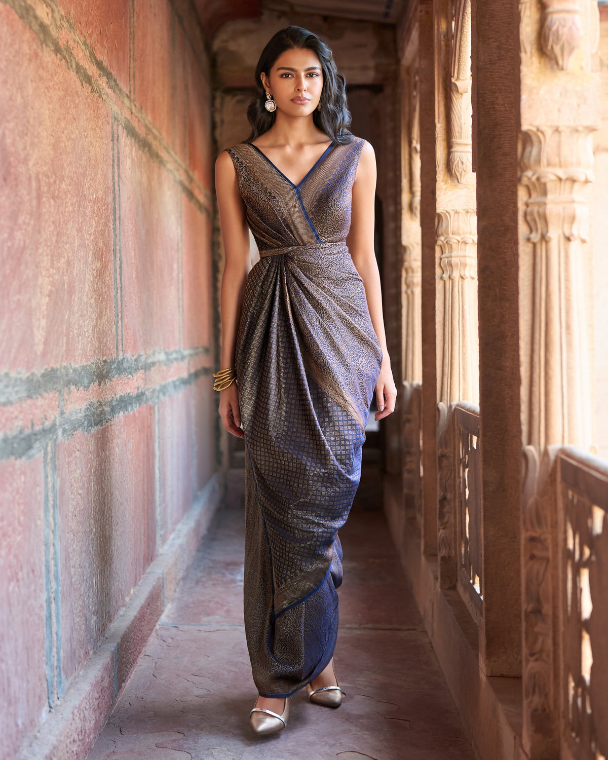 Navy Brocade Sari Gown