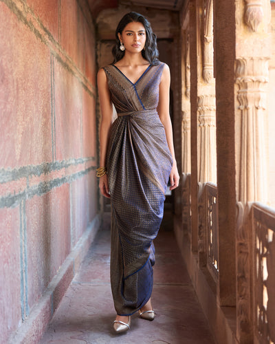 Navy Brocade Sari Gown