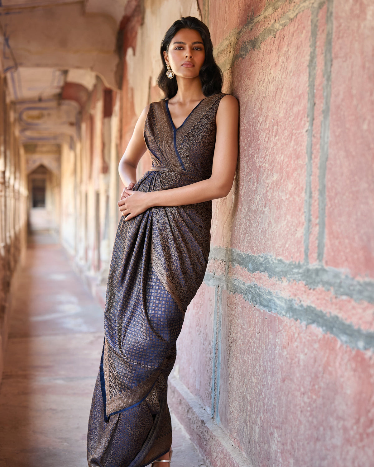 Navy Brocade Sari Gown