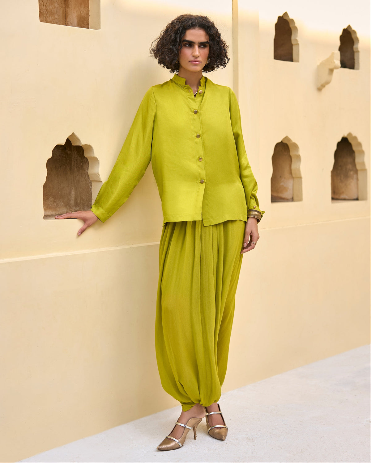 Lime Cowl Dhoti Set