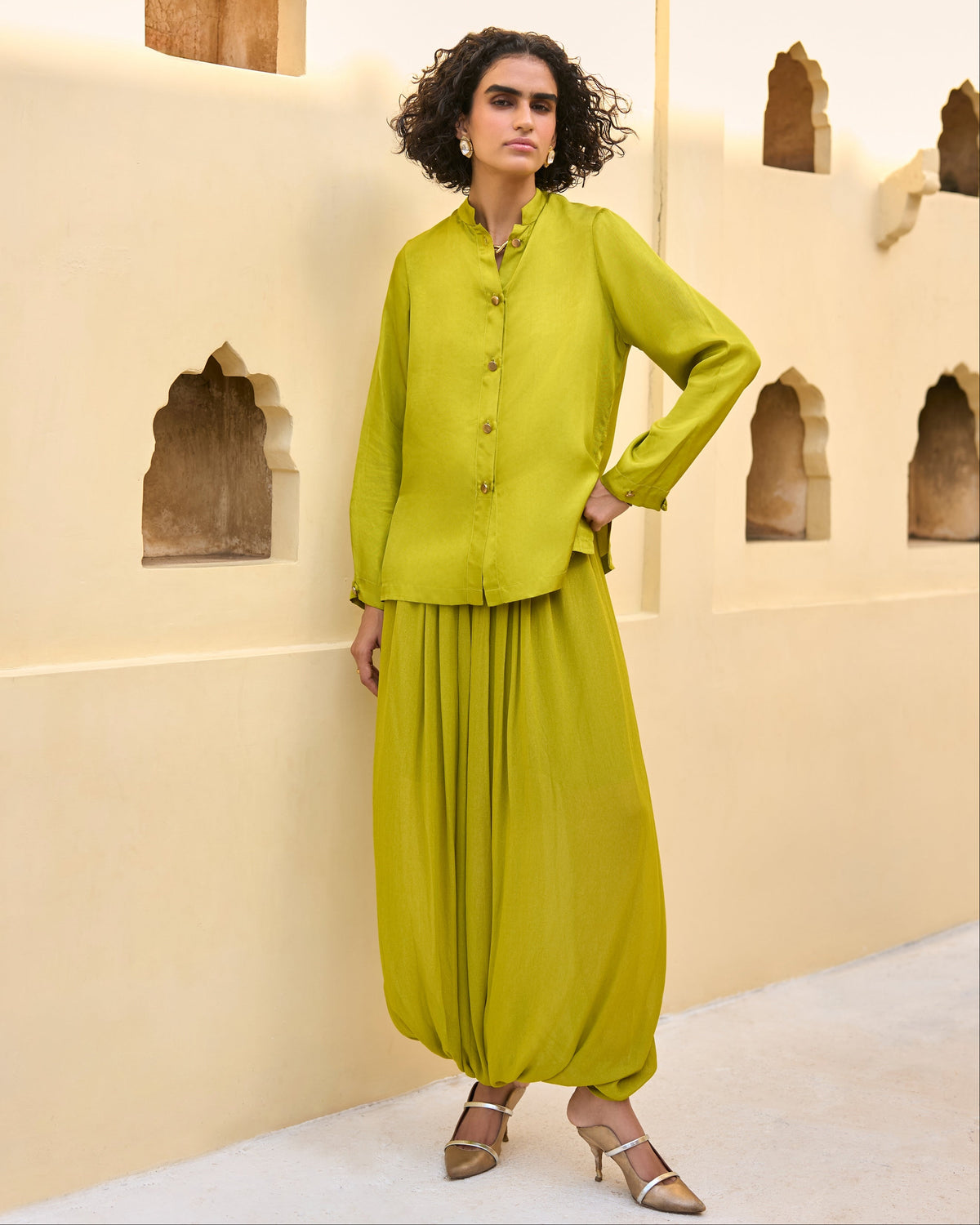 Lime Cowl Dhoti Set