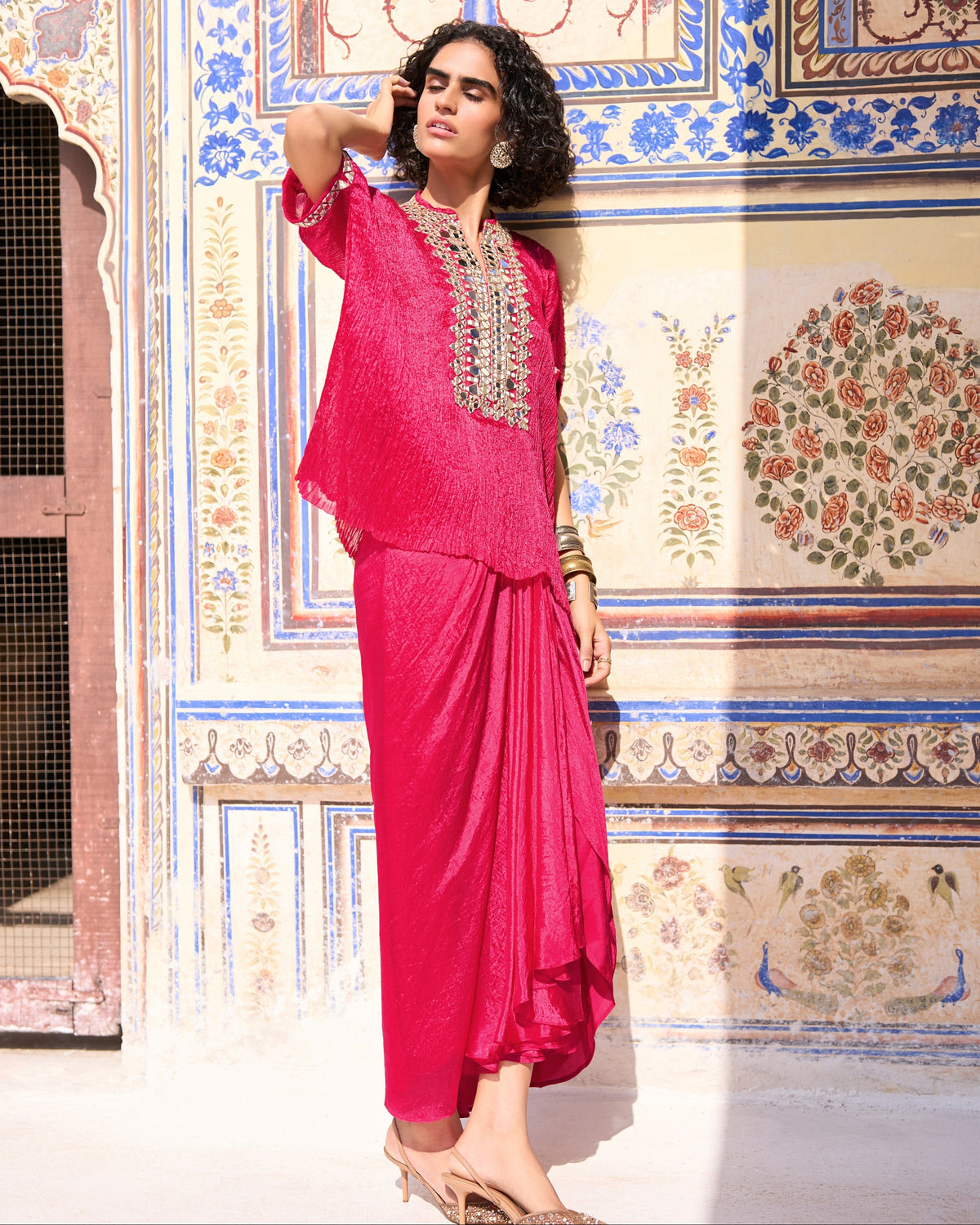 Fuchsia Mirrorwork Skirt Set