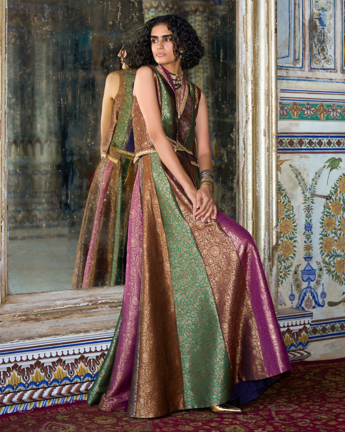 Multicolour Brocade Waistcoat Skirt Set